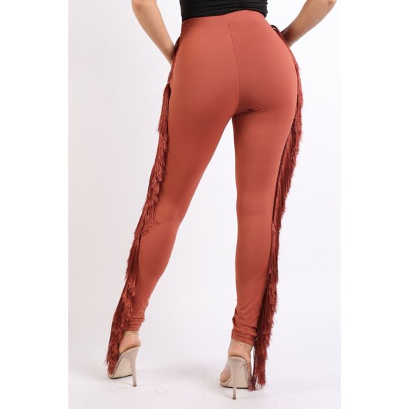 Women's Casual Side Fringe Tassel Detailed Elastic Waist Skinny Long Leggings - Picture 7 of 11